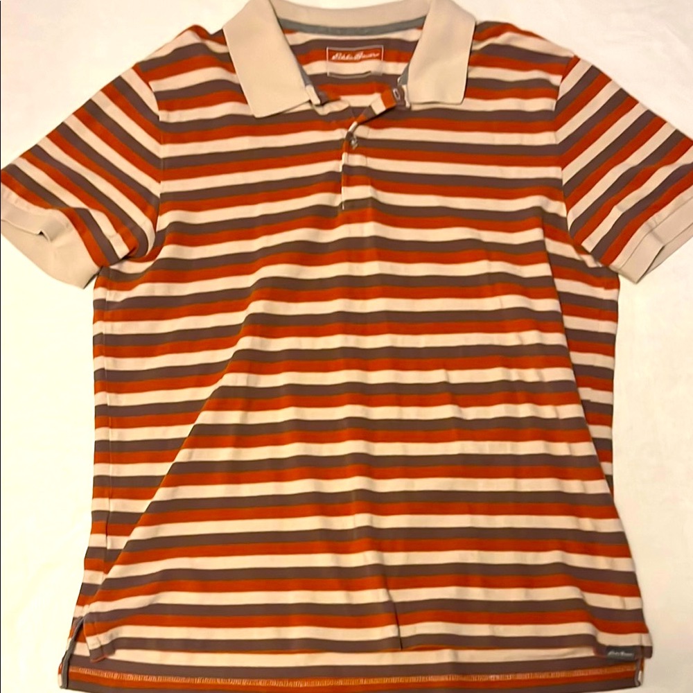Eddie Bauer Orange and Brown Polo Shirt with Knit Stripes